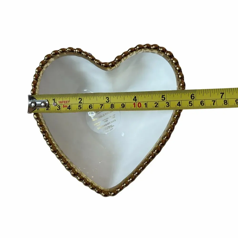 White Heart Shaped Serving Bowl 6in Ceramic w/ Gold Beaded Rim NEW